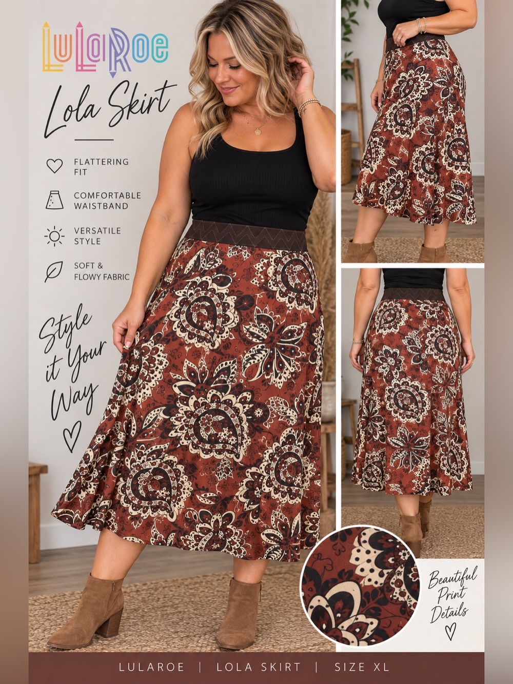 NWT LuLaRoe Lola Skirt XL Rust Brown Paisley Floral Boho Midi Skirt
